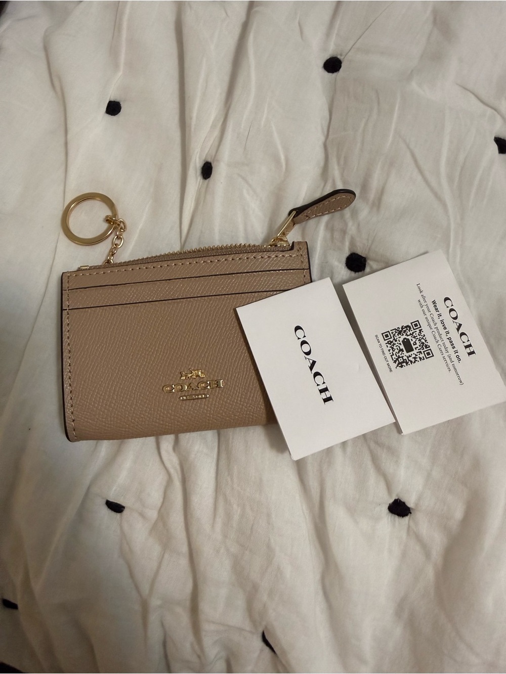 COACH Taupe Saffiano Leather Zip Card Holder with Key Ring